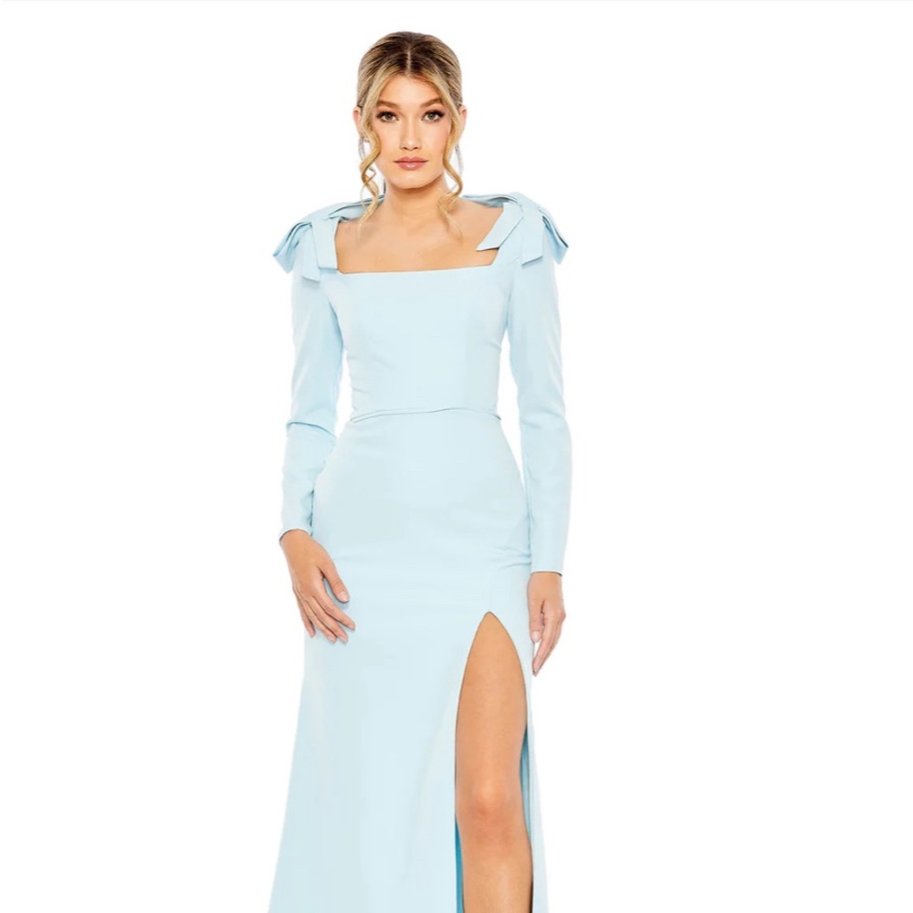 MAC DUGGAL EMPIRE WAIST LONG SLEEVE BOW SHOULDER GOWN